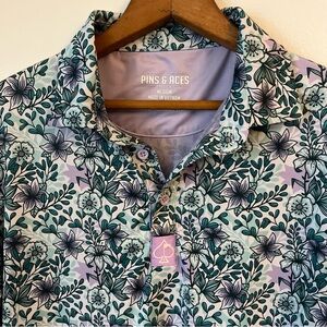 Pins & Aces Bold All Over Print Flower Lavender Power Golf Polo Shirt Men’s M